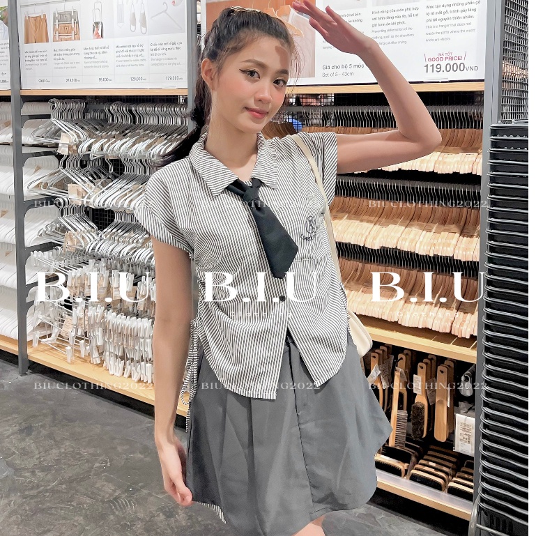 Set áo sơ mi dây rút chân váy xếp ly kèm cà vạt phong cách học sinh Hàn Quốc cực yêu Chipi Set BIU Clothing BB0122
