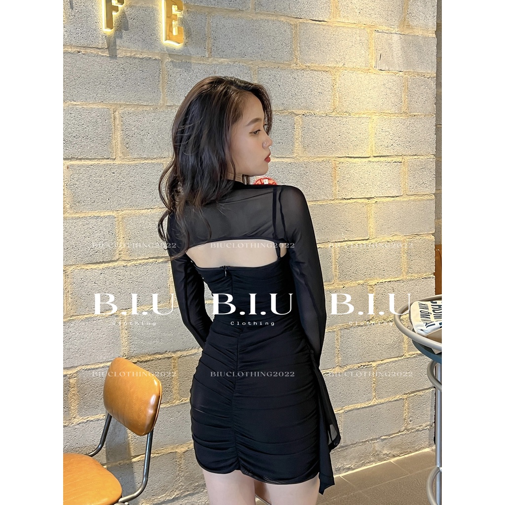Set đầm nhún lưới ngắn kèm tay rời phối tua rua Label Dress BIU Clothing BB0125 màu đen