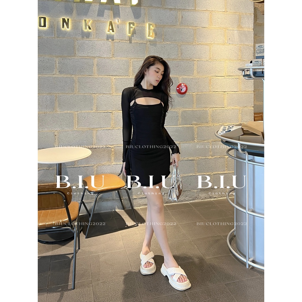 Set đầm nhún lưới ngắn kèm tay rời phối tua rua Label Dress BIU Clothing BB0125 màu đen
