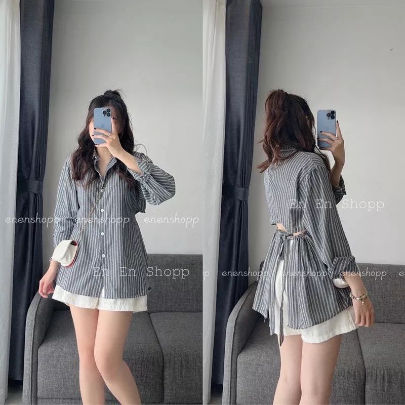 Áo Sơ Mi Nữ Tay Dài BEBEDOLL Somi Kẻ Hở Lưng Form Thụng Giấu Quần Cá Tính ,Có Bigsize Từ 45-63Kg-A3457