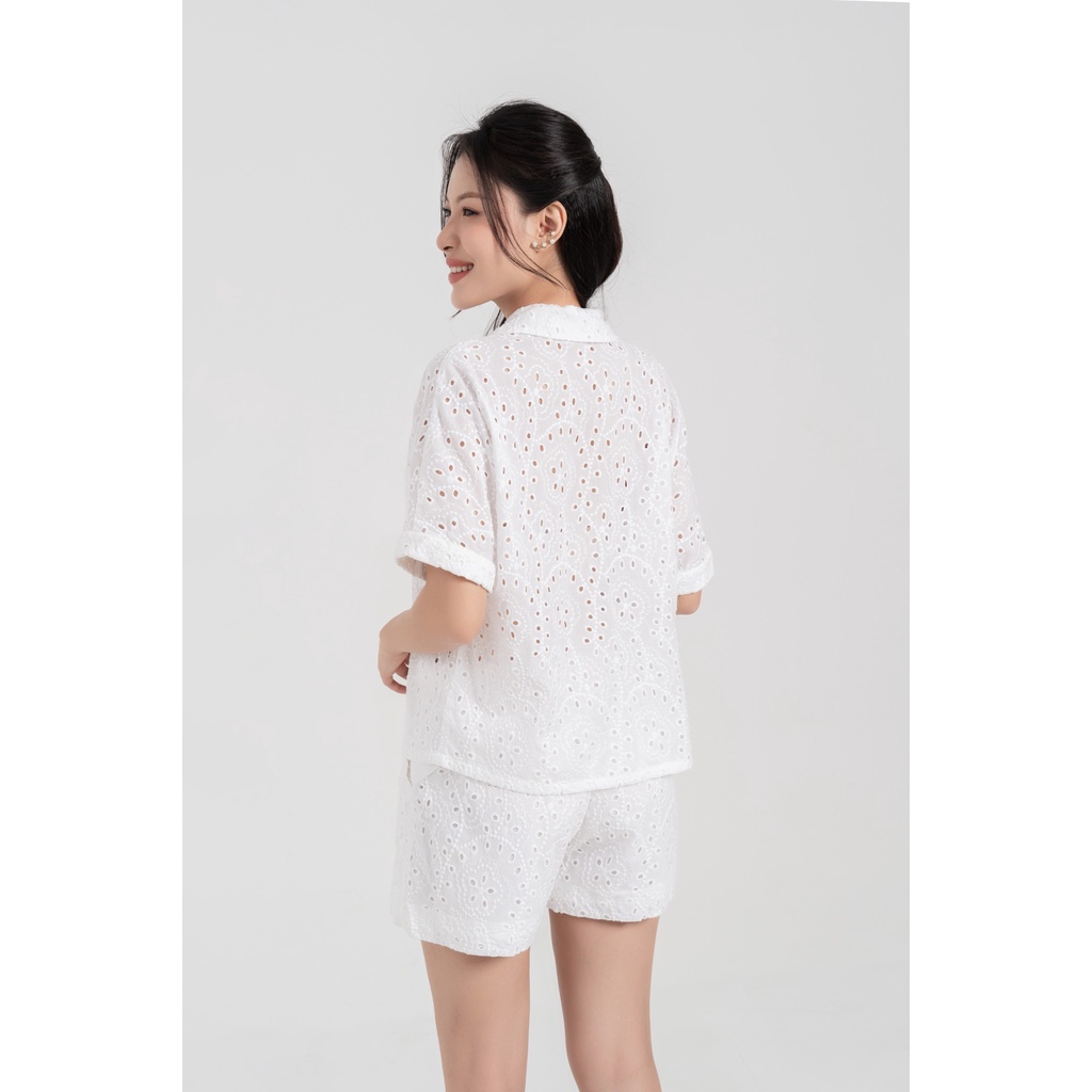 Set pyjamas thô trắng nữ áo tay ngắn quần short Eva de Eva 23SPJH043T