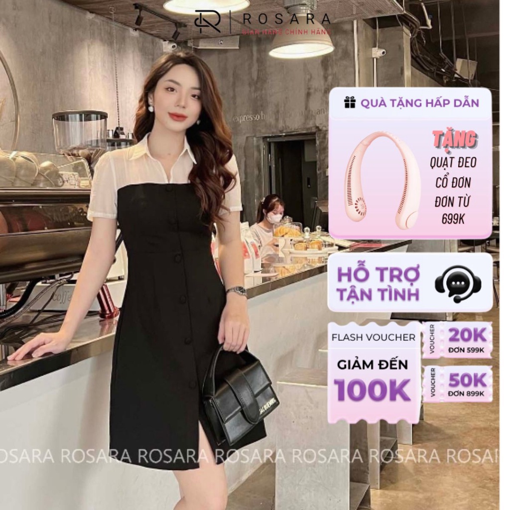 Váy Công Sở Đen Dáng Xòe Phối Cổ Sơ Mi Tơ Thanh Lịch Rosara VA44
