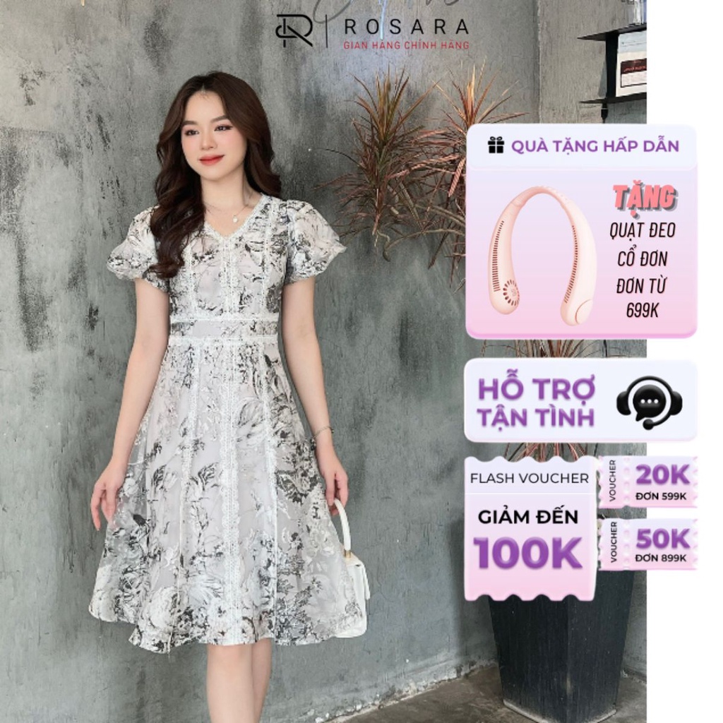 Váy Đầm Ghi Ngắn Tay Dáng Xòe Thời Trang Nữ Rosara VA58