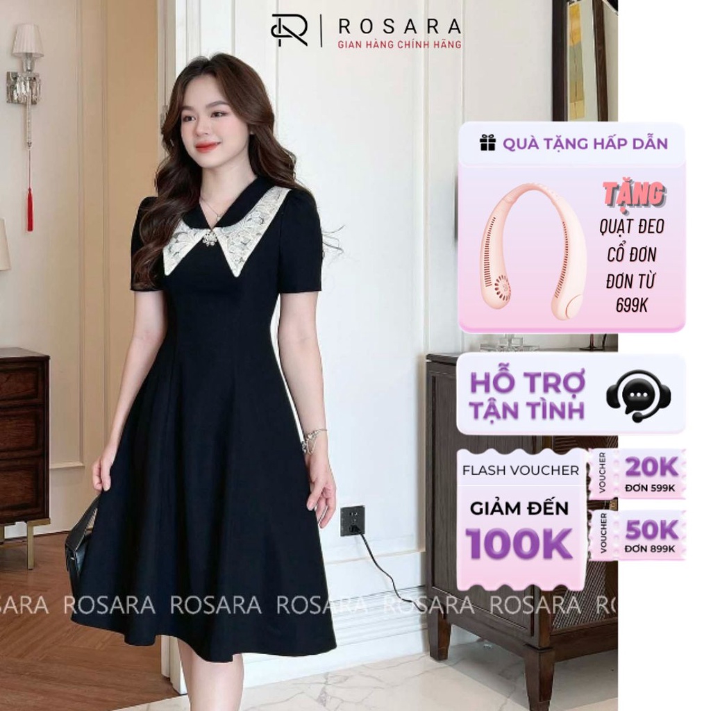 Váy Đầm Đen Cộc Tay Dáng Xòe Phối Cổ Nơ Ren Trắng Thời Trang Nữ Rosara VA75