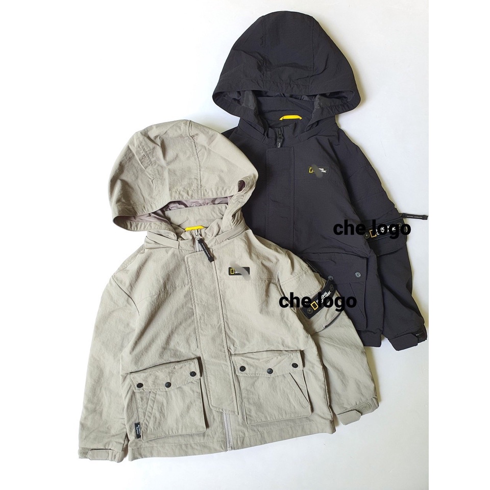 Áo gió NatGeo túi hộp 2 màu ghi / đen size 110 - 160
