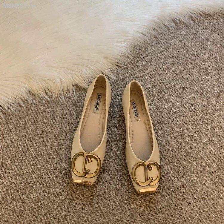 Giày Búp Bê Da Mềm Miệng Nông Đính Khóa Kim Loại Thời Trang Mùa Thu 2023 Cho Nữ