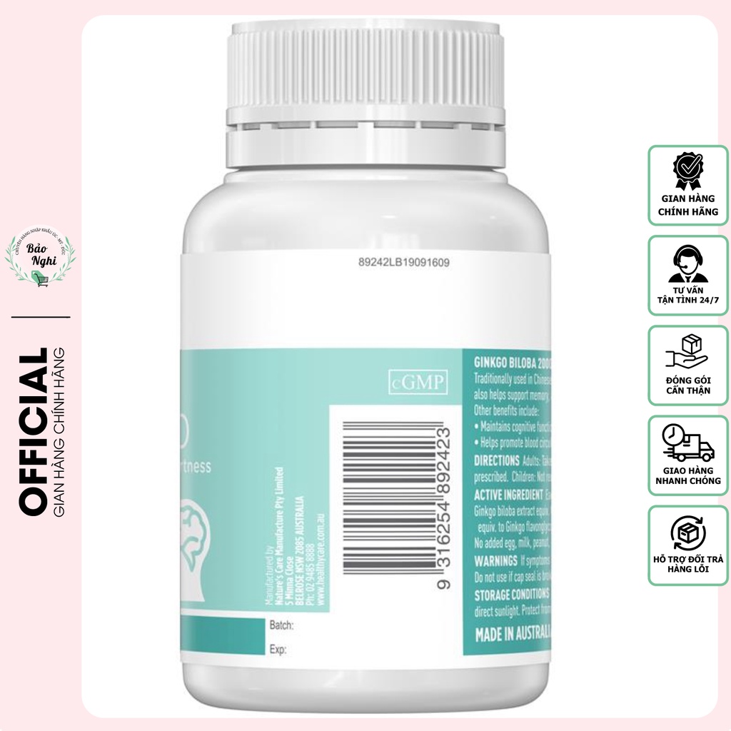 Viên Uống Bổ Não Healthy Care Ginkgo Biloba 2000 Hỗ Trợ Đau Đầu, Mất Ngủ