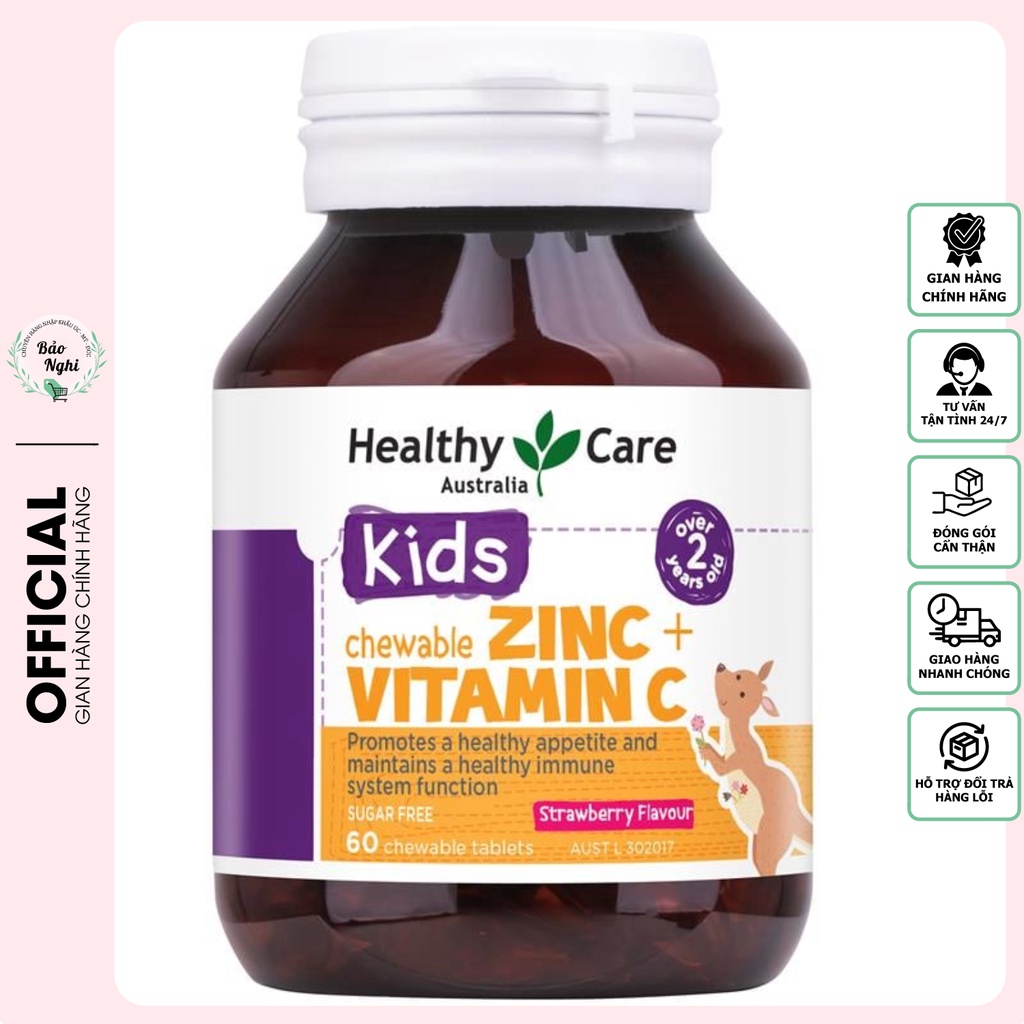 Viên Nhai Bổ Sung Kẽm Vitamin C cho bé Healthy Care Kids Zinc + Vitamin C