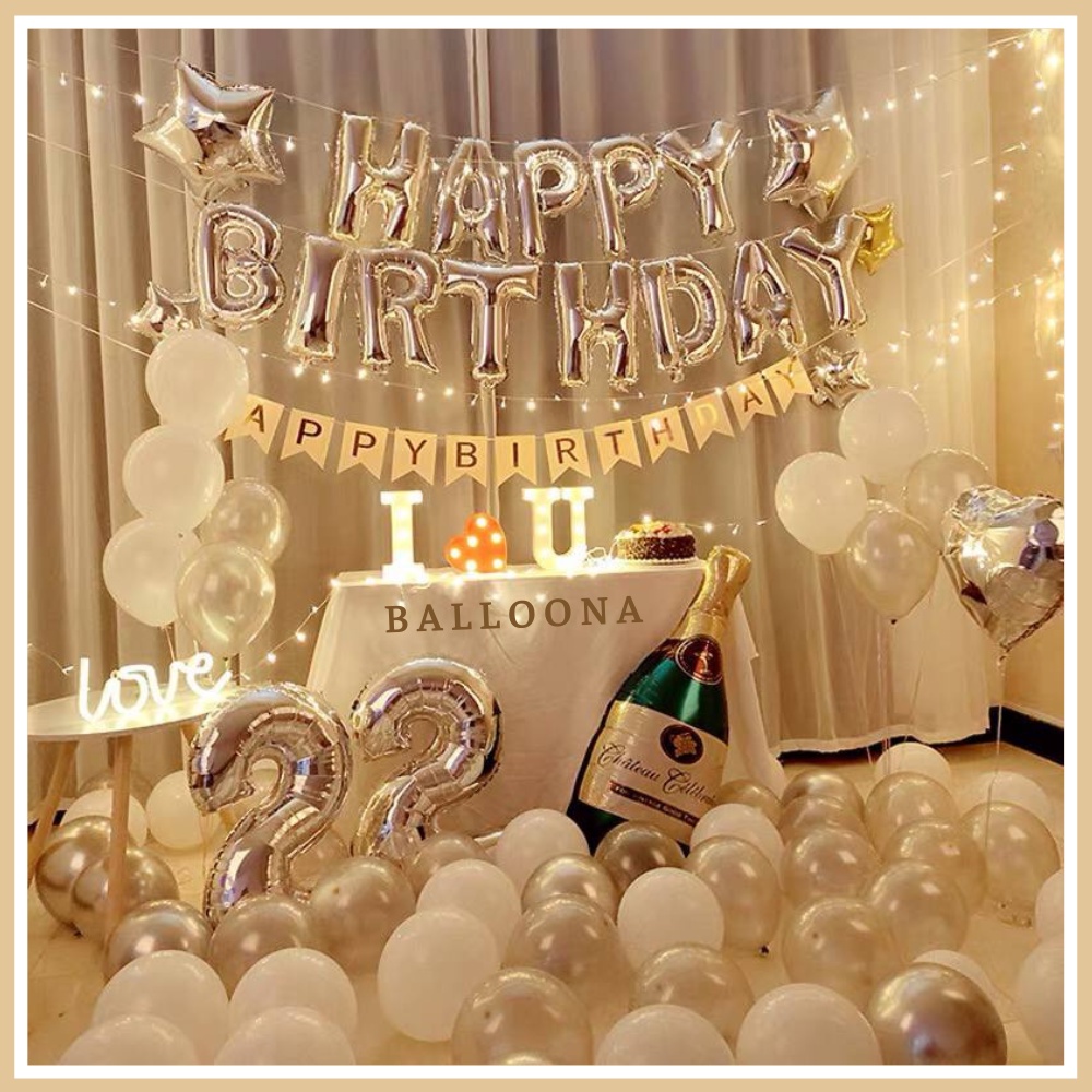 Combo trang trí sinh nhật happy birthday 50 bong bóng kèm đèn Led và đủ đồ phụ kiện trang trí tiệc cho bé, người lớn