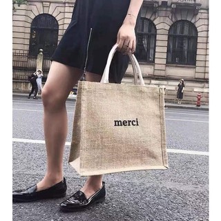 Túi cói Merci quai xách size to 35x36 vừa A4 dày dặn 2 lớp có lót có thể gấp gọn - Hàng loại 1