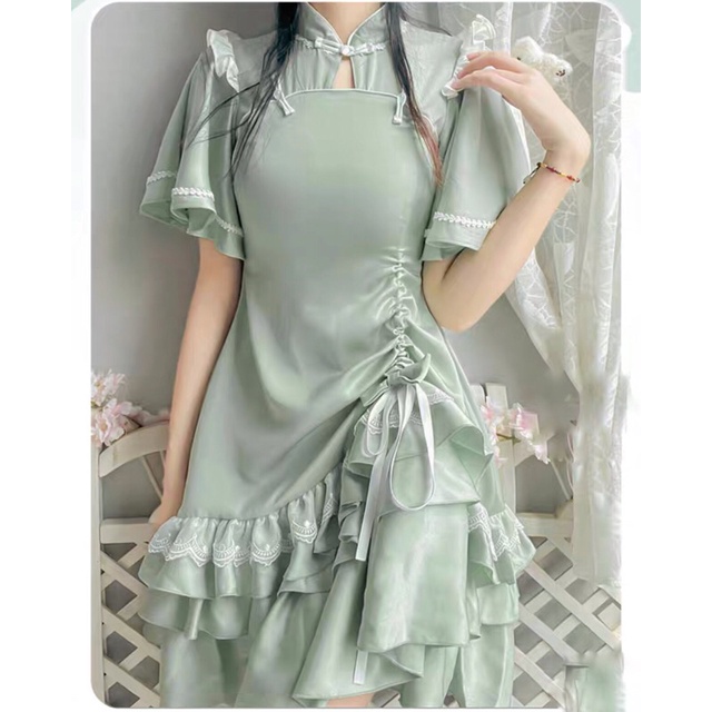 YAS0036-Sườn xám cách tân Trung quốc xanh lá