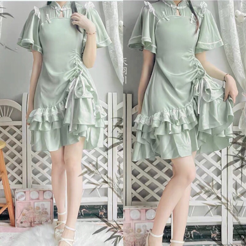 YAS0036-Sườn xám cách tân Trung quốc xanh lá