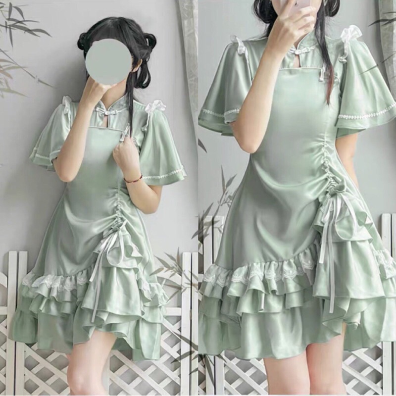 YAS0036-Sườn xám cách tân Trung quốc xanh lá