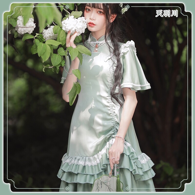 YAS0036-Sườn xám cách tân Trung quốc xanh lá