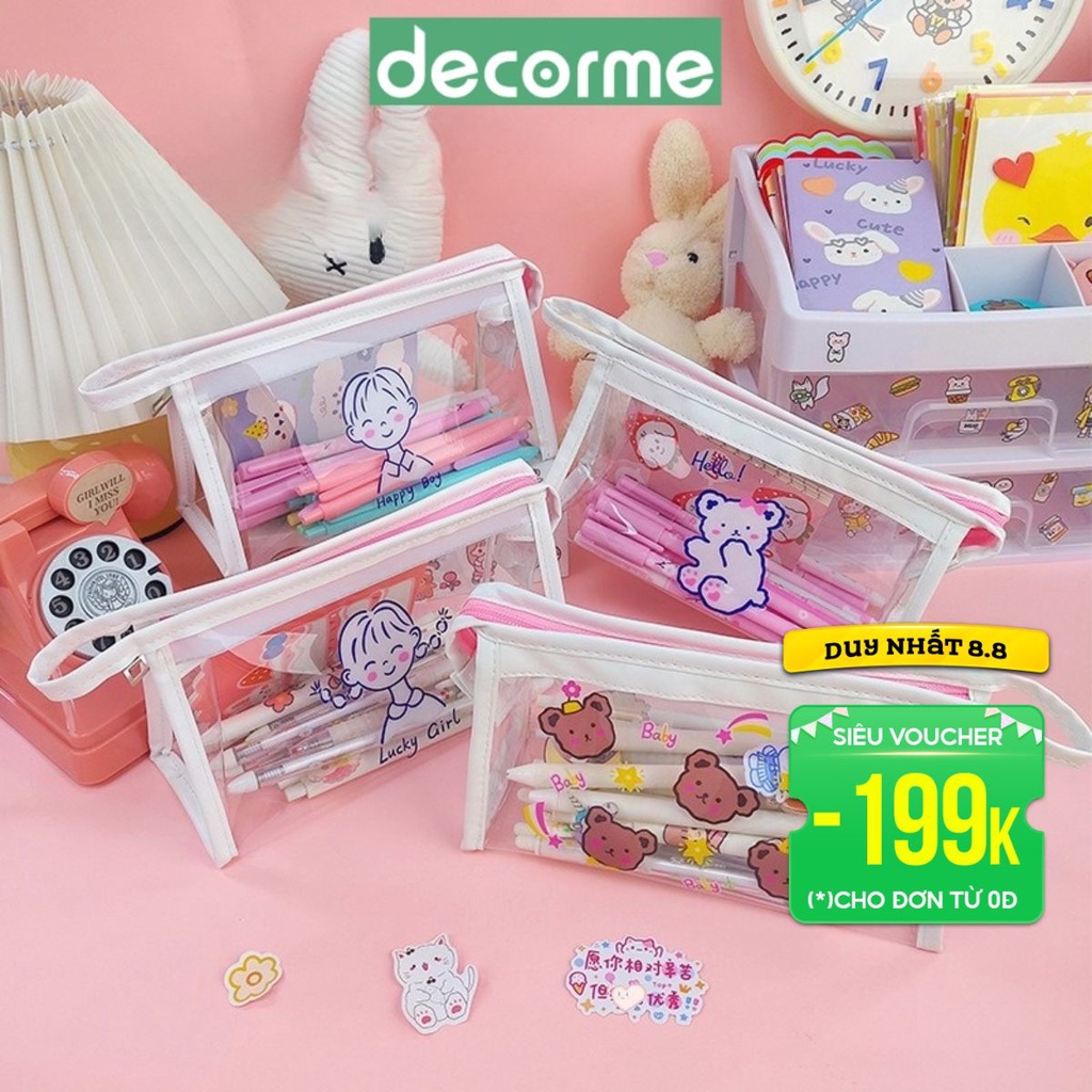 Hộp bút DecorMe túi bút trong suốt bản to hộp đựng bút bóp viết in hình dễ thương đựng bút văn phòng phẩm, mỹ phẩm