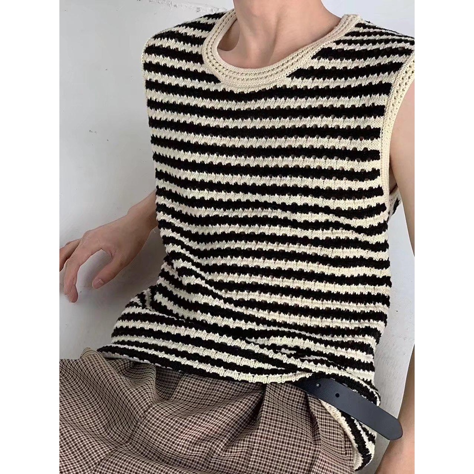 Áo sweater Ba Lỗ Dệt Kim Sọc Đen Trắng Phong Cách Hàn Quốc áo gile vest Không Tay Phong Cách Lười Instagram Nữ Sành Điệu