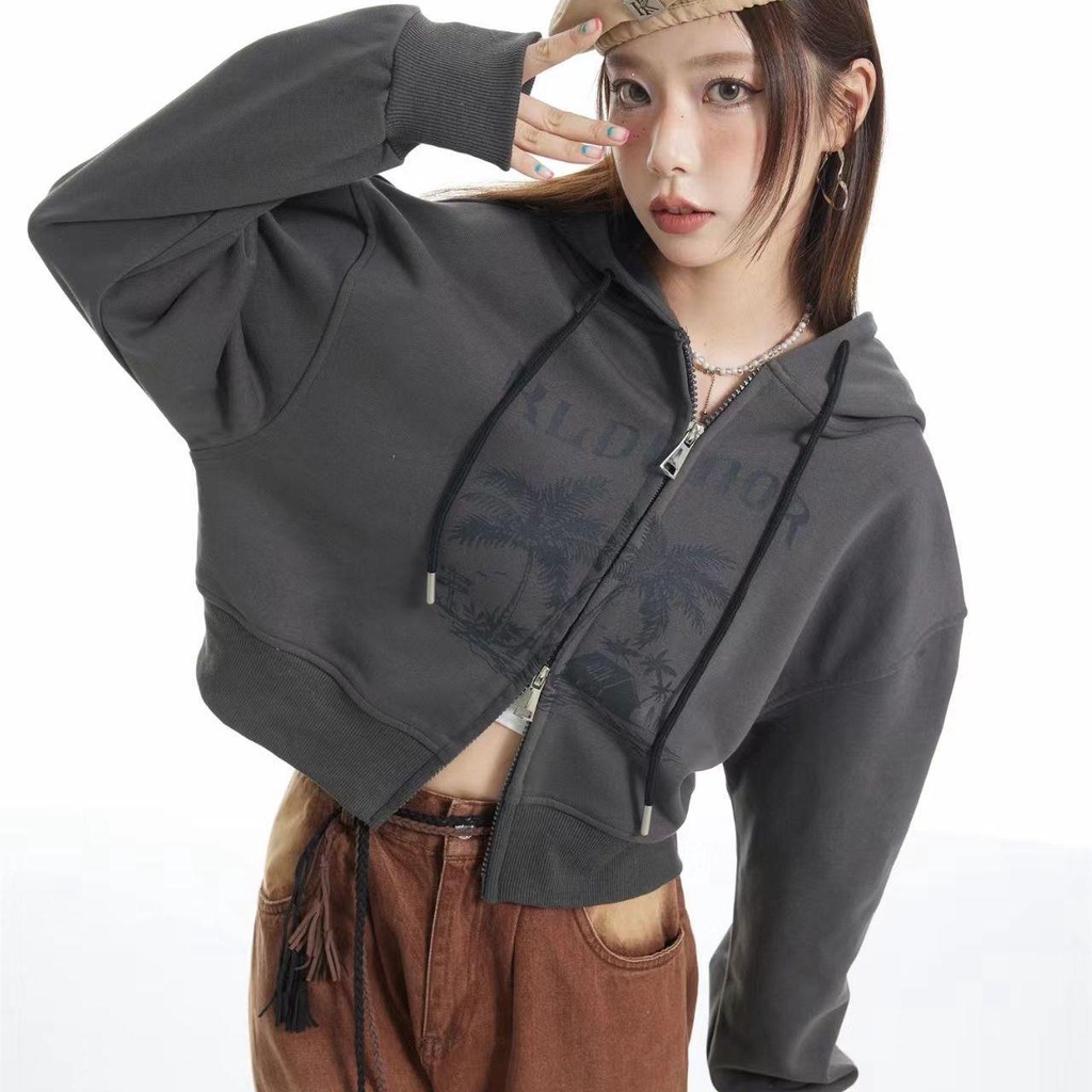 Áo Khoác Hoodie Có Khóa Kéo Đôi Phong Cách Retro Mỹ Thời Trang Mùa Thu Dành Cho Nữ