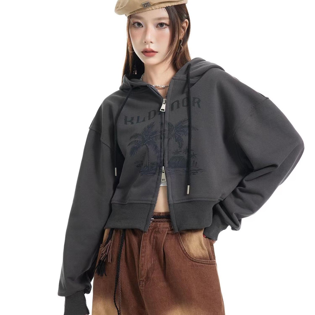 Áo Khoác Hoodie Có Khóa Kéo Đôi Phong Cách Retro Mỹ Thời Trang Mùa Thu Dành Cho Nữ