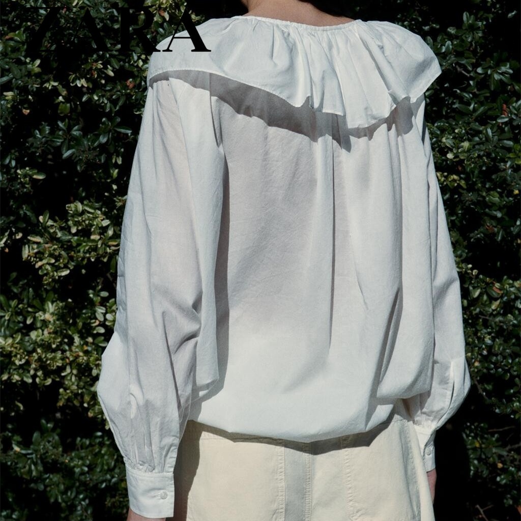 Áo Sơ Mi Trắng Vải Cotton Tay Dài Cổ Búp Bê Dáng Rộng Hiệu Zara