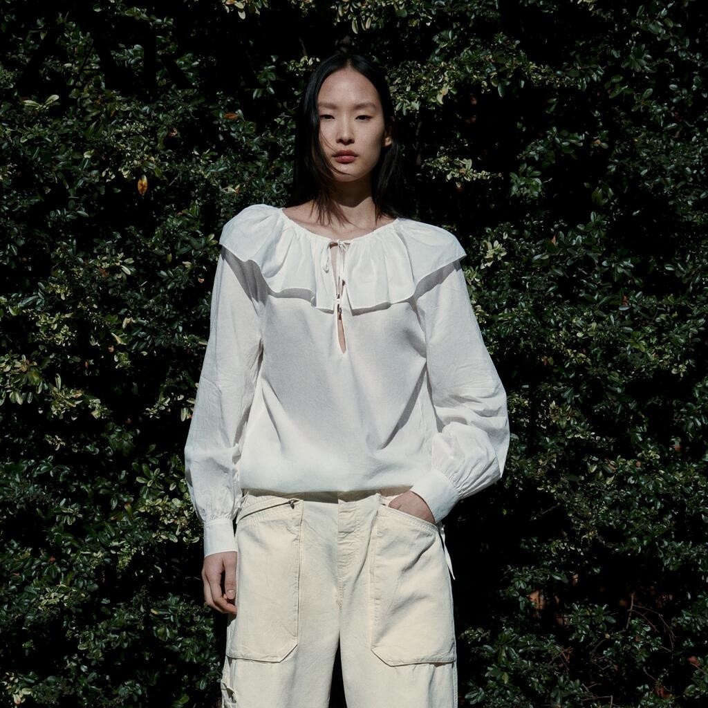 Áo Sơ Mi Trắng Vải Cotton Tay Dài Cổ Búp Bê Dáng Rộng Hiệu Zara