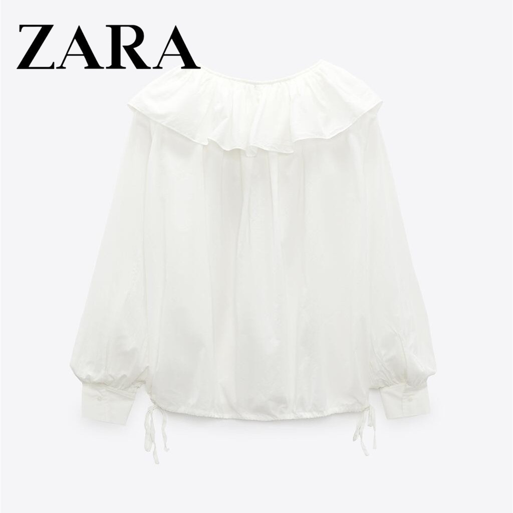 Áo Sơ Mi Trắng Vải Cotton Tay Dài Cổ Búp Bê Dáng Rộng Hiệu Zara