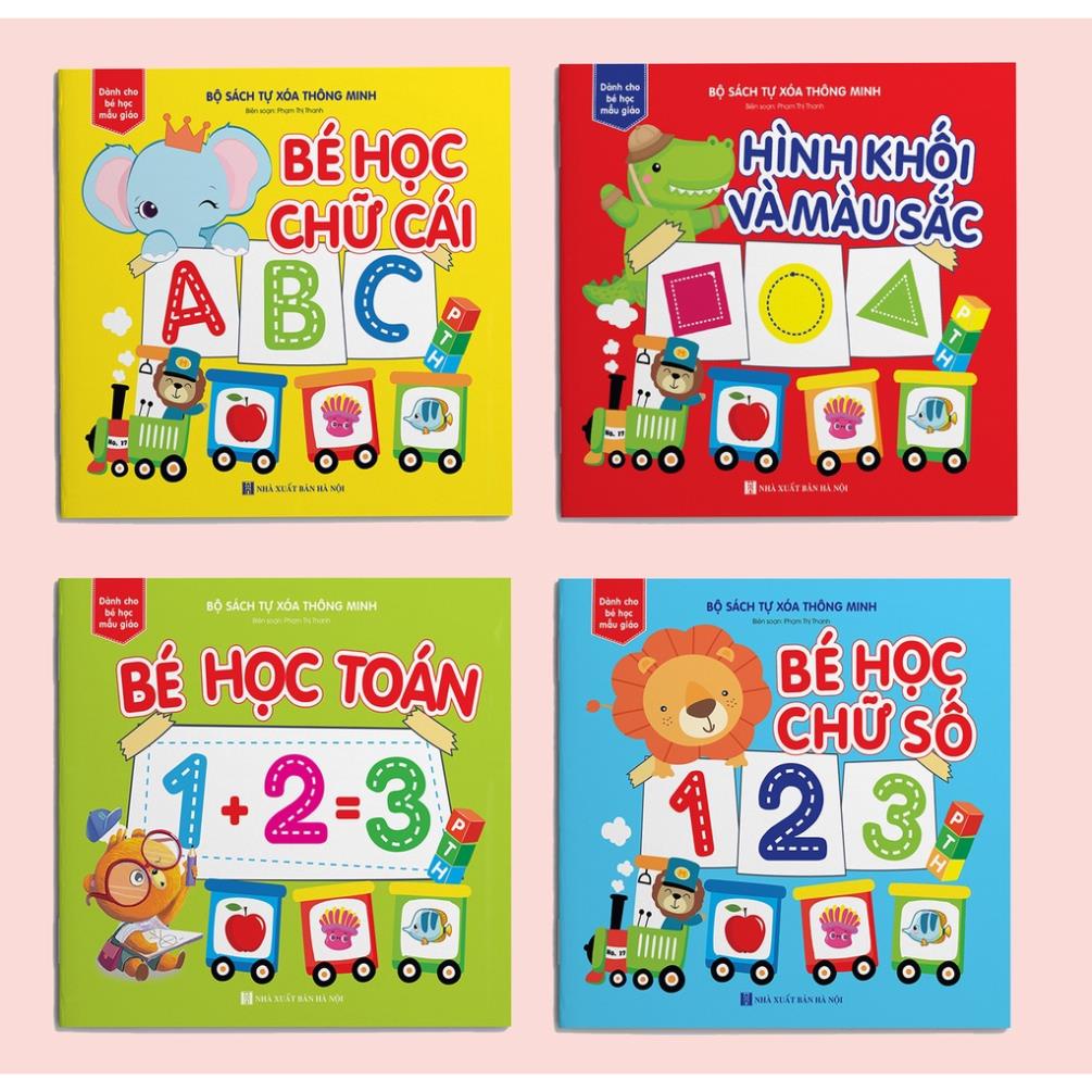 Sách 4 cuốn Sách tự xóa: Chữ cái - Toán - Chữ số - Hình khối & Màu sắc (tặng kèm bút)
