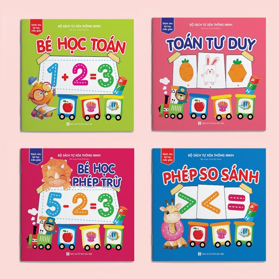 Sách - Combo 4 cuốn Sách tự xóa: Bé học toán – Toán tư duy – Bé học phép trừ - Phép so sánh (tặng kèm bút)