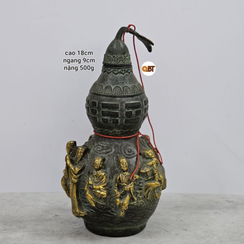 Hồ lô bát tiên nhỏ bằng đồng phong thủy ( màu xanh giả cổ )