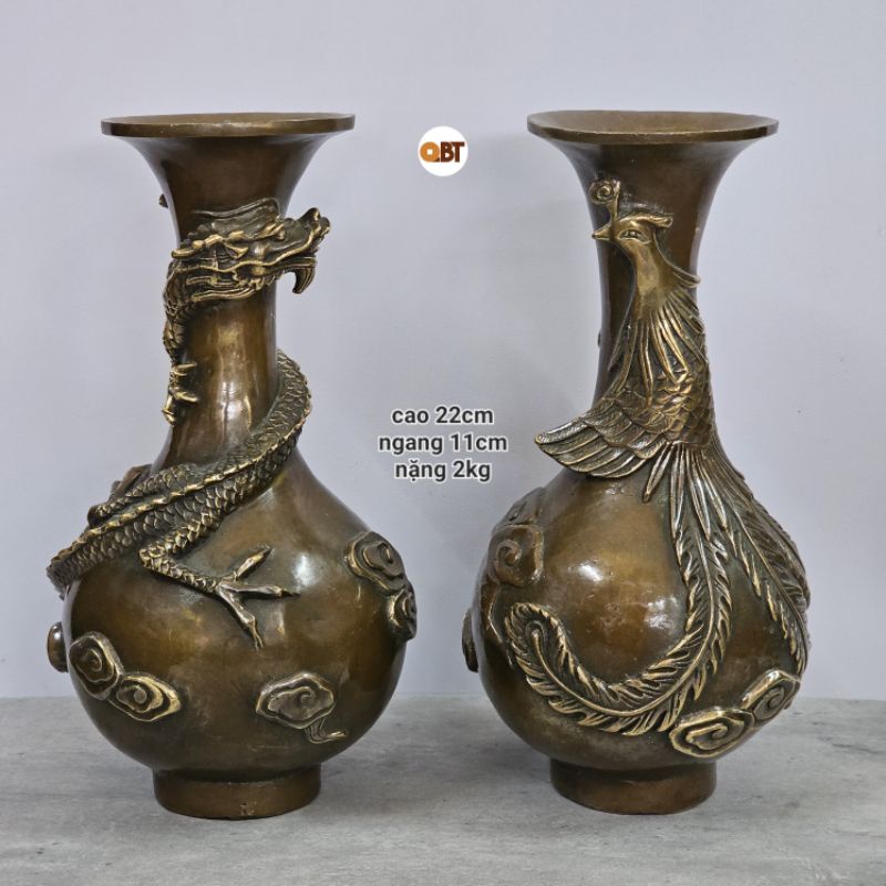 Cặp bình bông dáng củ tỏi - Long Phụng bằng đồng phong thuỷ
