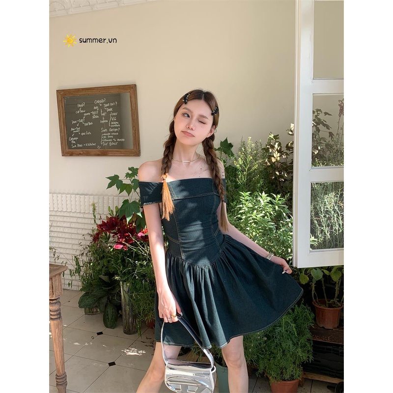 Đầm Denim Trễ Vai Ôm Eo Thời Trang Mùa Hè Quyến Rũ Cho Nữ