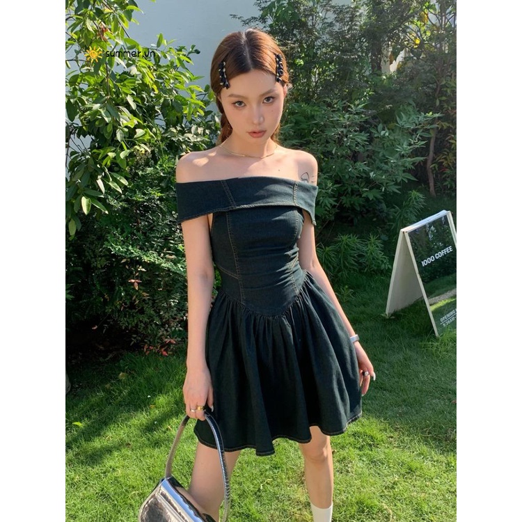 Đầm Denim Trễ Vai Ôm Eo Thời Trang Mùa Hè Quyến Rũ Cho Nữ