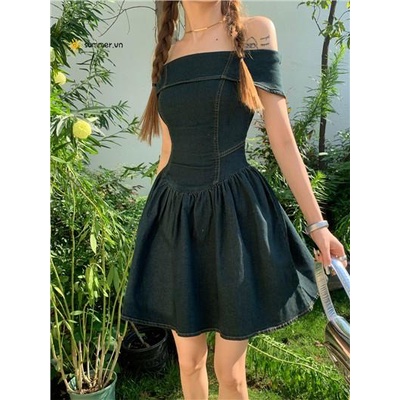 Đầm Denim Trễ Vai Ôm Eo Thời Trang Mùa Hè Quyến Rũ Cho Nữ