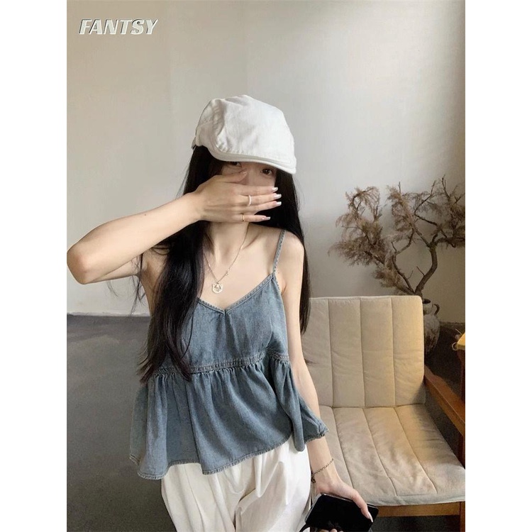 Áo Hai Dây Denim Cổ Chữ v Dáng Rộng Thời Trang Mùa Hè Dành Cho Nữ