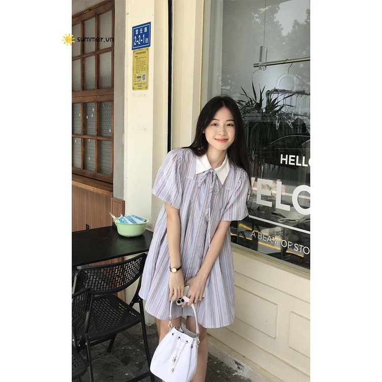 Đầm Sơ Mi Kẻ Sọc Tay Bồng Phong Cách Thời Trang Retro Dành Cho Nữ