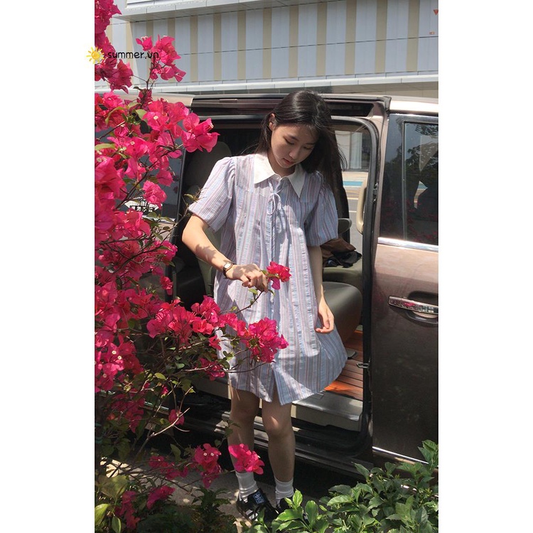 Đầm Sơ Mi Kẻ Sọc Tay Bồng Phong Cách Thời Trang Retro Dành Cho Nữ