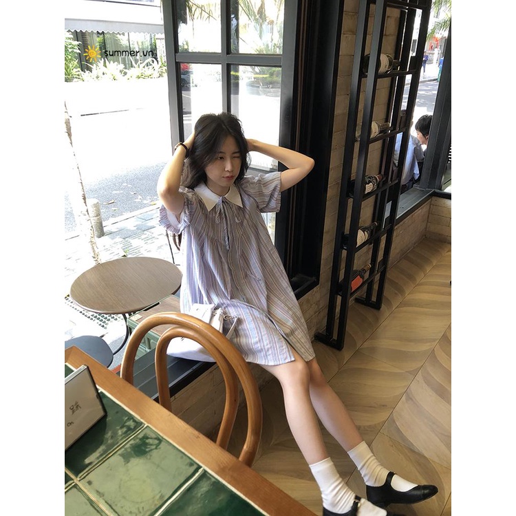 Đầm Sơ Mi Kẻ Sọc Tay Bồng Phong Cách Thời Trang Retro Dành Cho Nữ