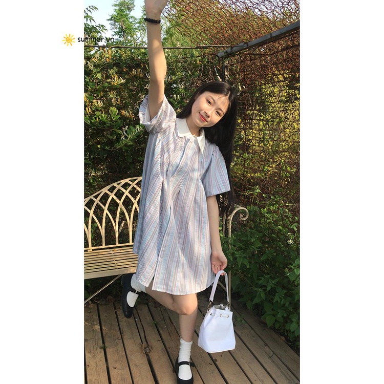 Đầm Sơ Mi Kẻ Sọc Tay Bồng Phong Cách Thời Trang Retro Dành Cho Nữ