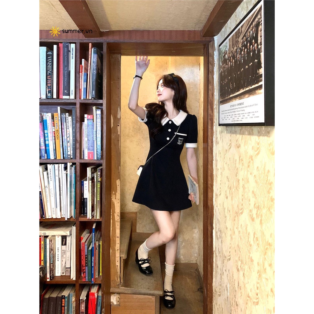 Đầm Ngắn Cổ polo Màu Đen Dáng Ôm Thời Trang Mùa Hè 2023 Cho Bạn Gái
