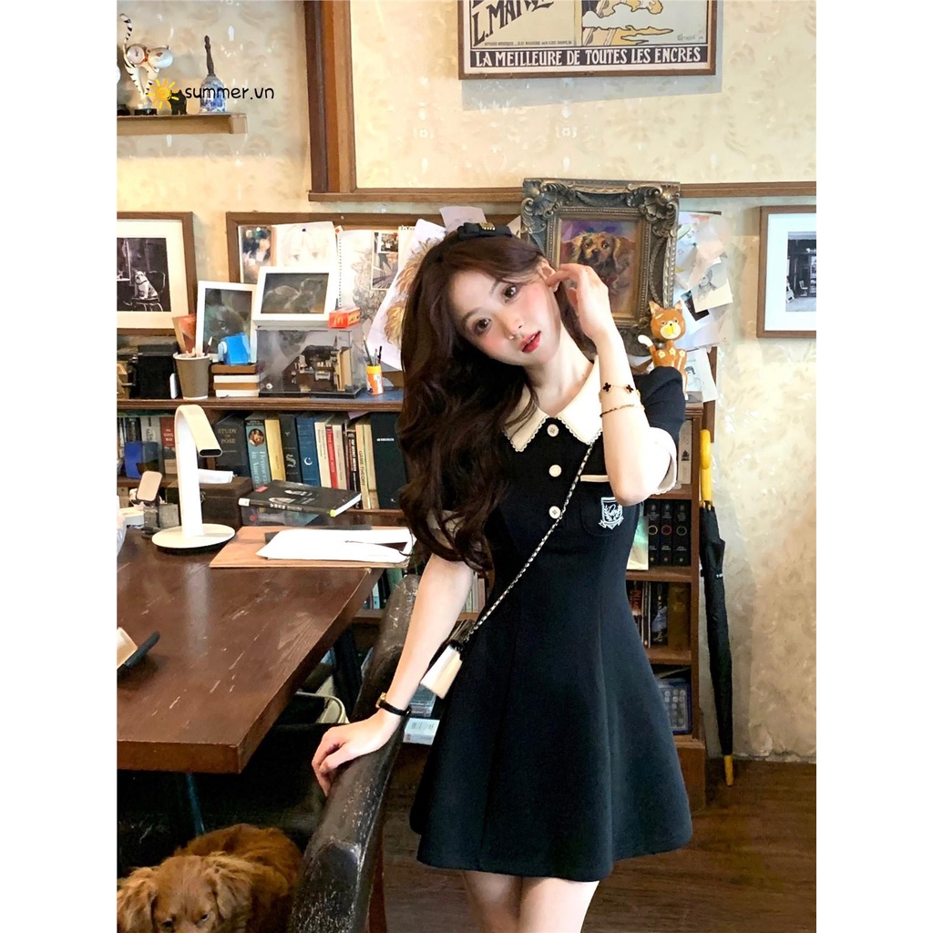 Đầm Ngắn Cổ polo Màu Đen Dáng Ôm Thời Trang Mùa Hè 2023 Cho Bạn Gái