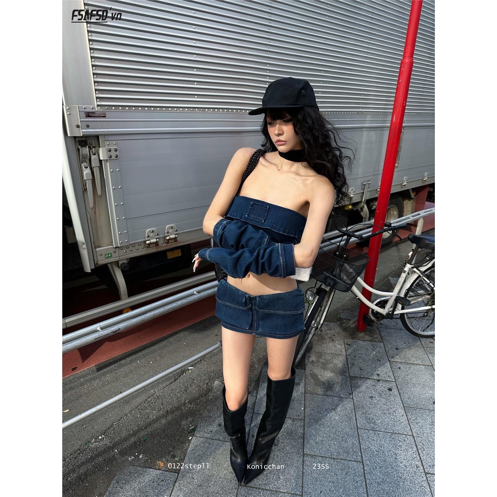 Áo Ống Tay Lửng Và Chân Váy Denim Phong Cách Retro Thời Trang Mùa Hè Quyến Rũ Dành Cho Nữ