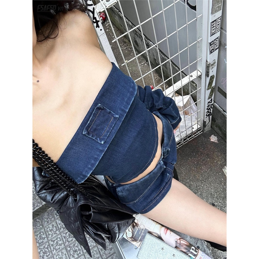 Áo Ống Tay Lửng Và Chân Váy Denim Phong Cách Retro Thời Trang Mùa Hè Quyến Rũ Dành Cho Nữ