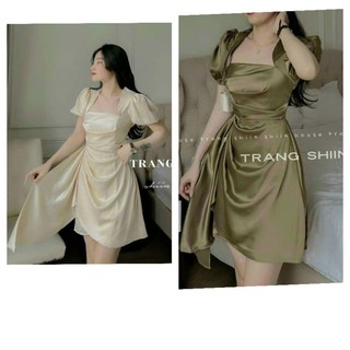 Đầm thời trang nữ đi tiệc cổ vuông tay phồng phong cách trẻ trung chéo tà chất liệu Tapta