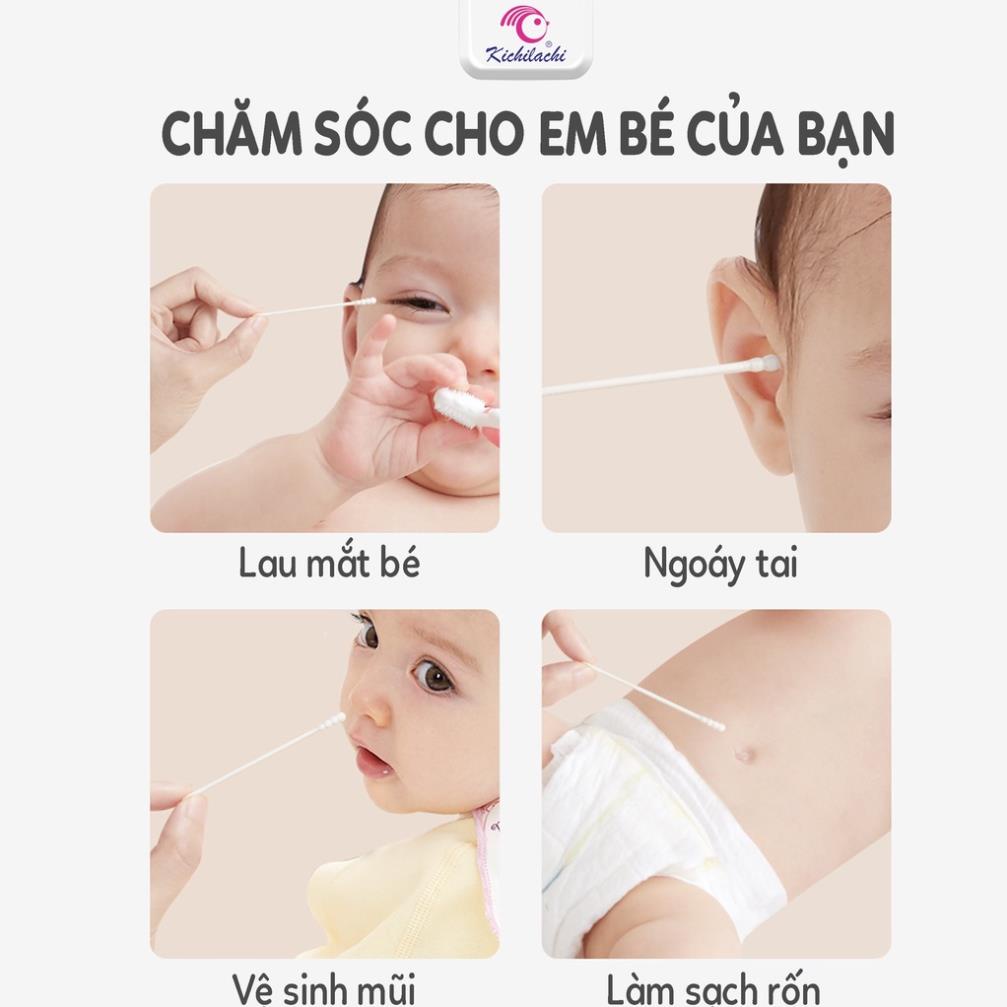 Tăm bông sơ sinh Kichilachi màu hồng thân giấy 200 que-Khoaibabies