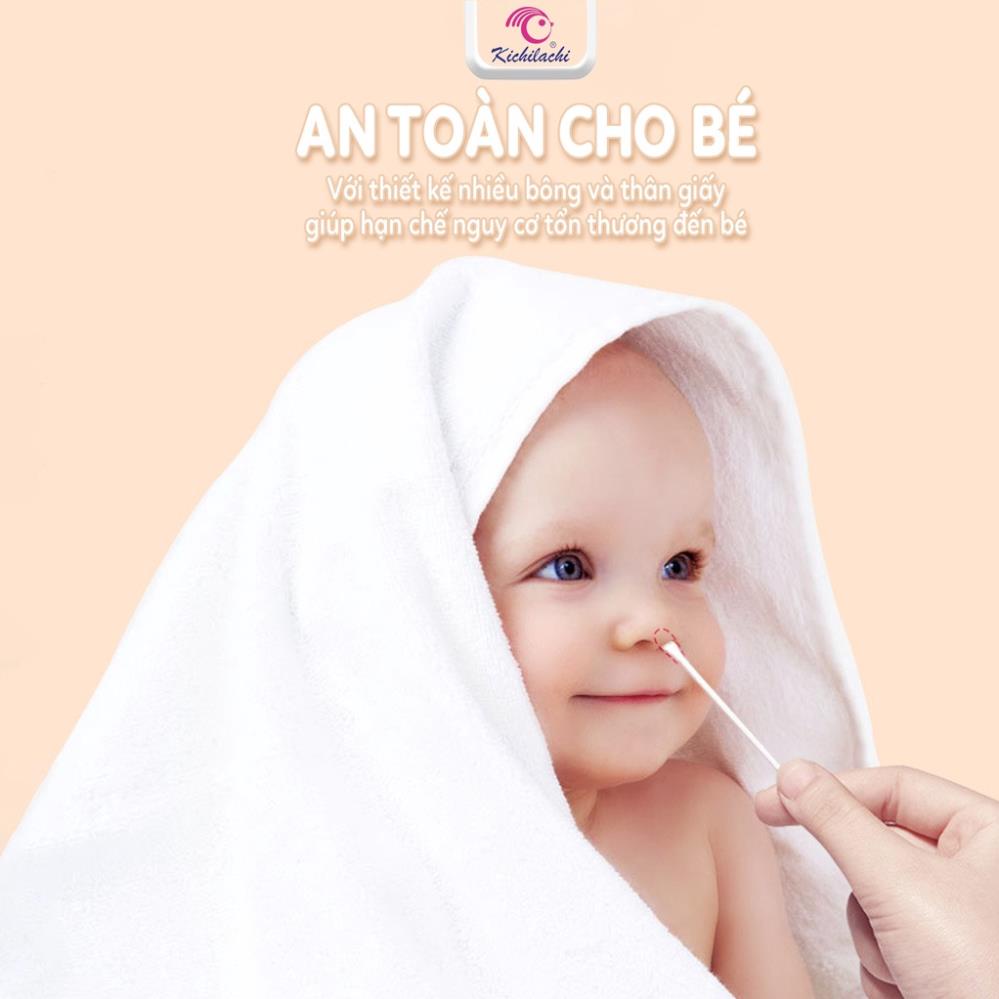 Tăm bông sơ sinh Kichilachi màu hồng thân giấy 200 que-Khoaibabies