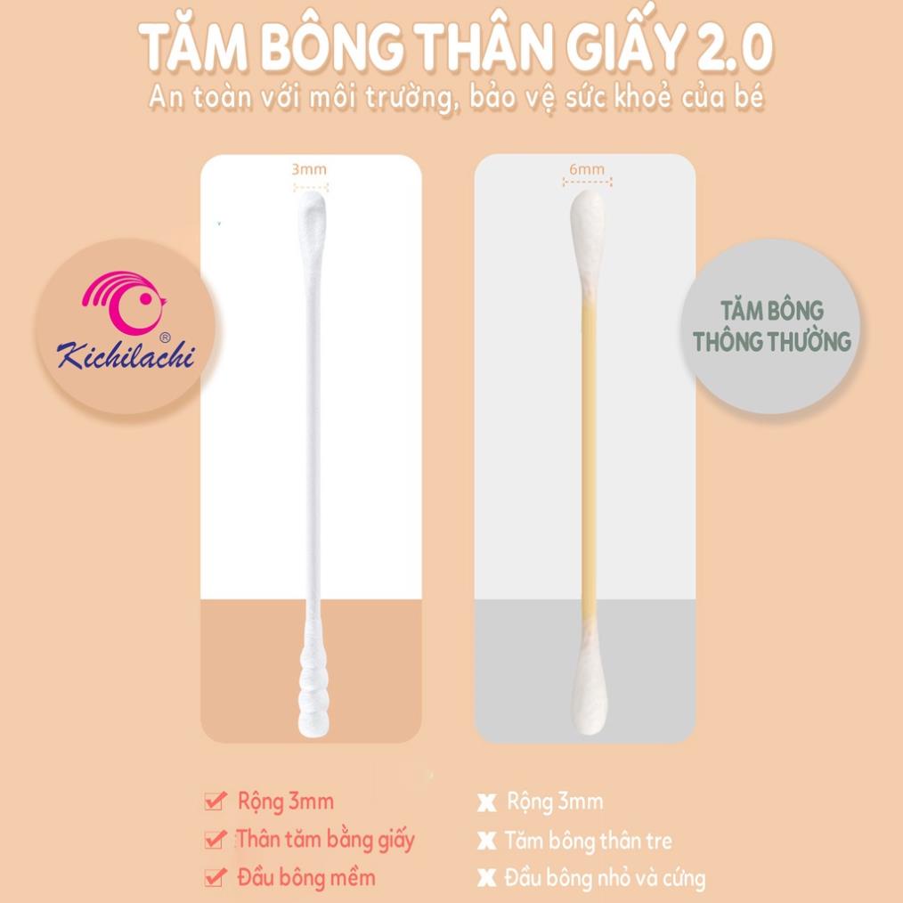 Tăm bông sơ sinh Kichilachi màu hồng thân giấy 200 que-Khoaibabies