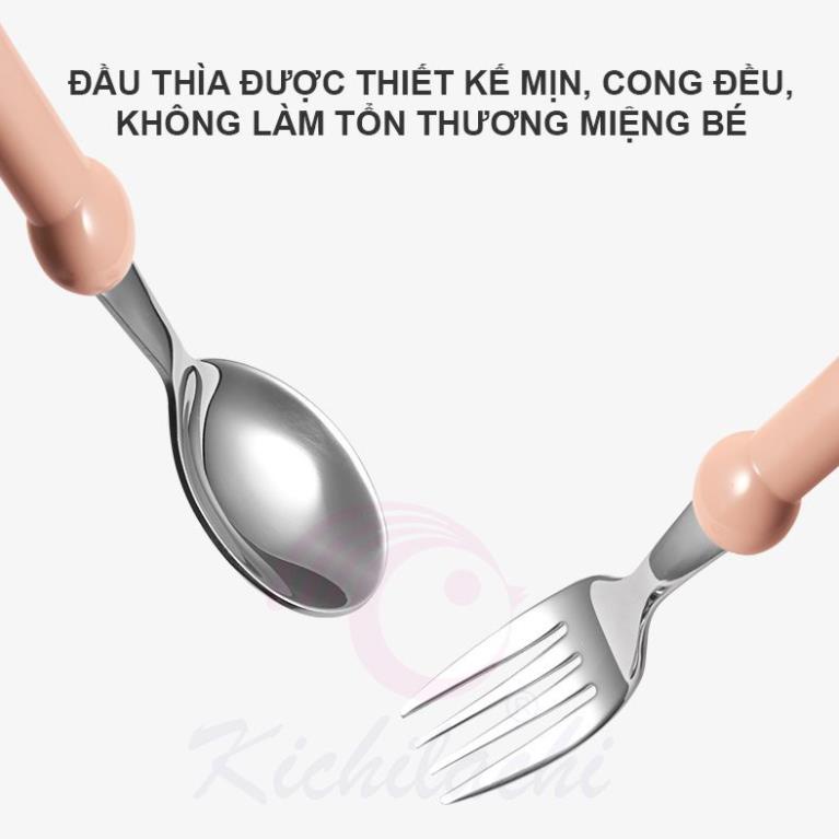Thìa dĩa ăn dặm Kichilachi inox 316 giúp bé tập ăn, tập xúc phù hợp với trẻ từ 1-5 tuổi-KHOAIBABIES