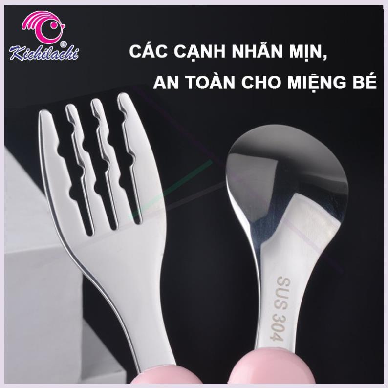 Thìa dĩa ăn dặm Kichilachi inox 316 giúp bé tập ăn, tập xúc phù hợp với trẻ từ 1-5 tuổi-KHOAIBABIES