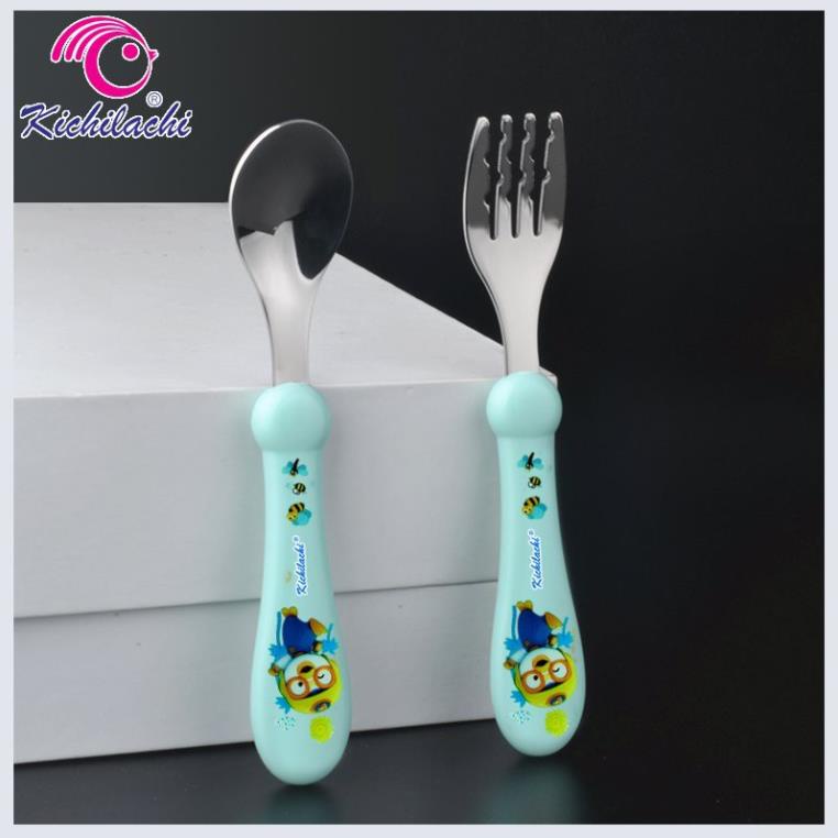 Thìa dĩa ăn dặm Kichilachi inox 316 giúp bé tập ăn, tập xúc phù hợp với trẻ từ 1-5 tuổi-KHOAIBABIES
