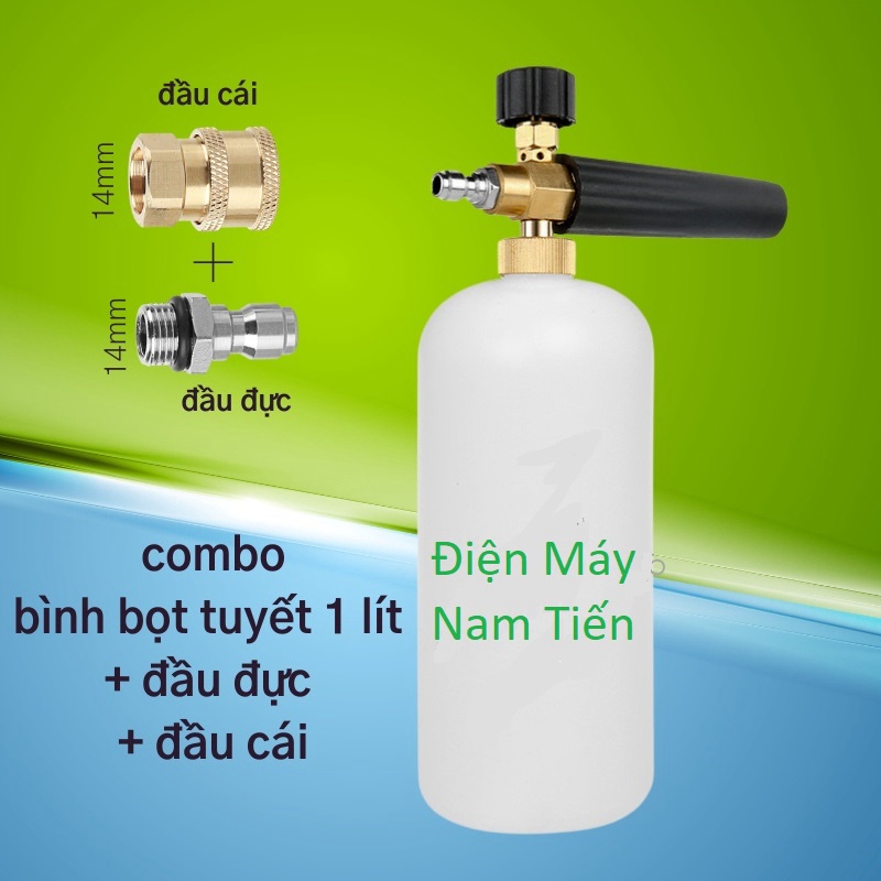 Combo bộ vòi xịt rửa xe áp lực cao và bình phun tạo bọt tuyết cao áp tay xịt ren ngoài 22mm và bình 1 lít