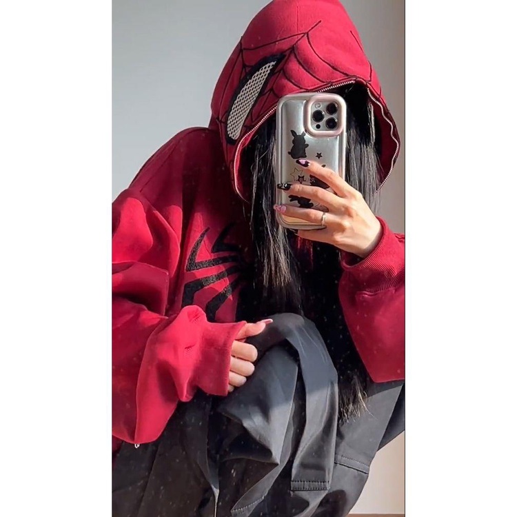 Người Nhện Đang Đến!!! []Áo Khoác Hoodie Dáng Rộng Thêu Họa Tiết Guochao Phong Cách Đường Phố Cho Cặp Đôi